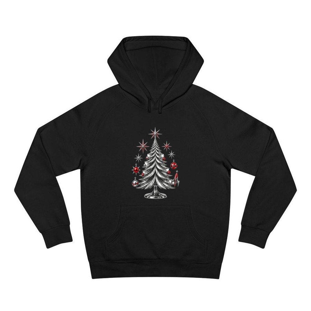 Midcentury Chrome Christmas Tree personalised Christmas hoodie in black