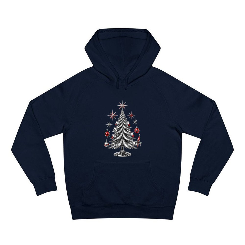 Midcentury Chrome Christmas Tree personalised Christmas hoodie in navy