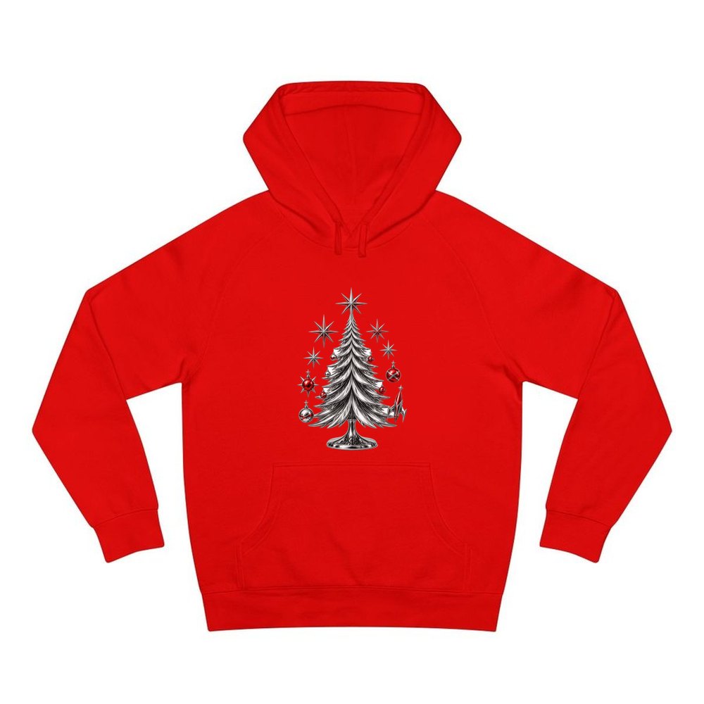 Midcentury Chrome Christmas Tree personalised Christmas hoodie in red