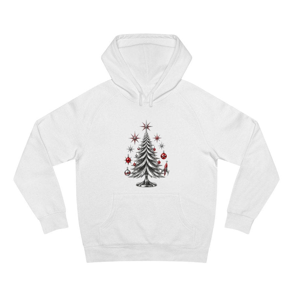 Midcentury Chrome Christmas Tree personalised Christmas hoodie in white