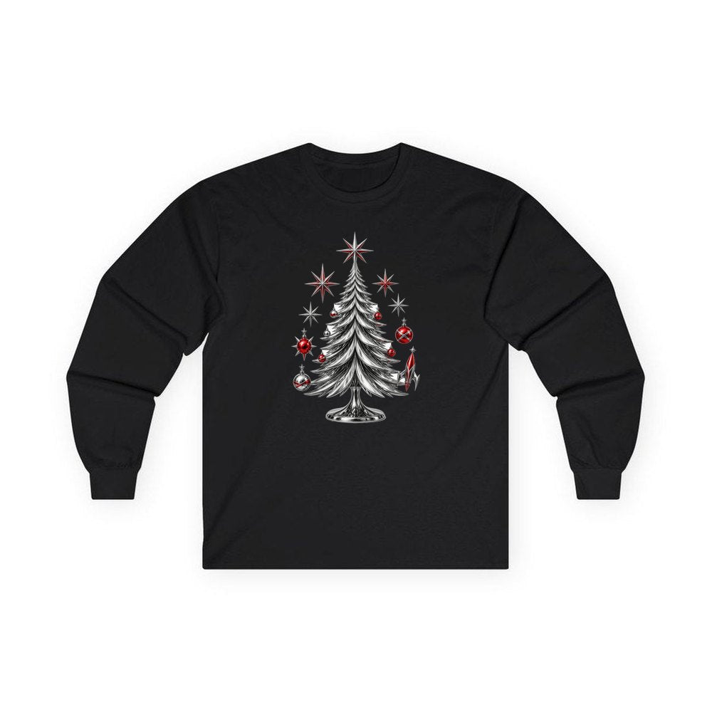 Midcentury Chrome Christmas Tree personalised long sleeve Christmas T-shirt in black