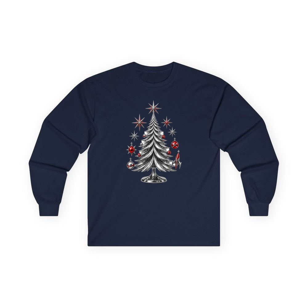 Midcentury Chrome Christmas Tree personalised long sleeve Christmas T-shirt in navy