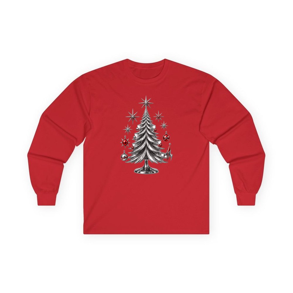 Midcentury Chrome Christmas Tree personalised long sleeve Christmas T-shirt in red