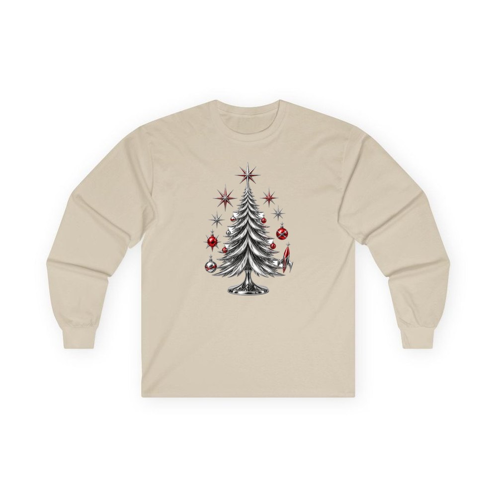 Midcentury Chrome Christmas Tree personalised long sleeve Christmas T-shirt in sand