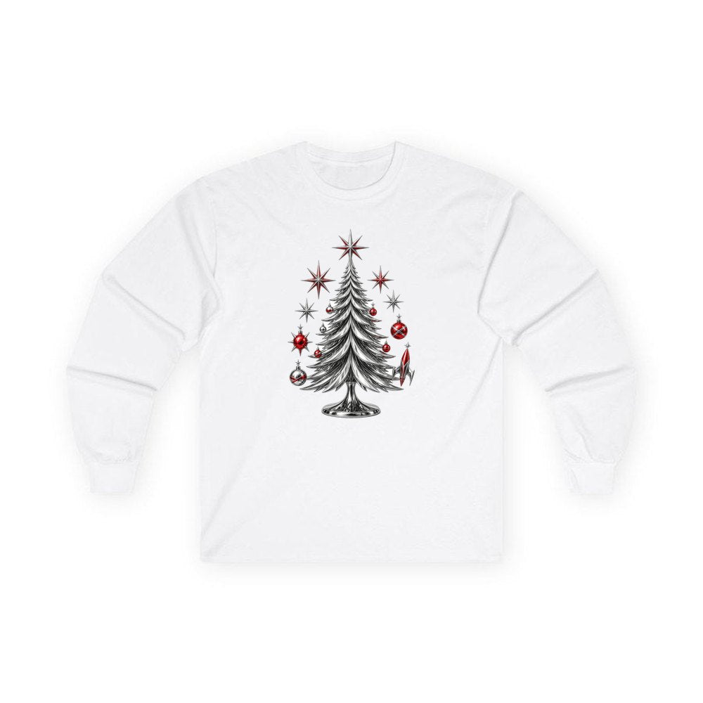 Midcentury Chrome Christmas Tree personalised long sleeve Christmas T-shirt in white