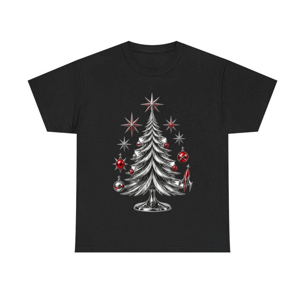 Midcentury Chrome Christmas Tree personalised Christmas T-shirt in black
