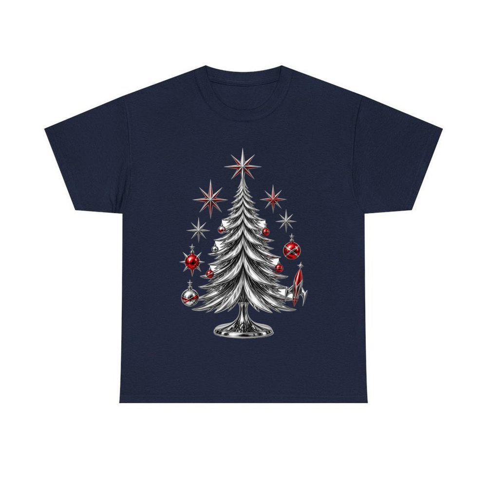 Midcentury Chrome Christmas Tree personalised Christmas T-shirt in navy