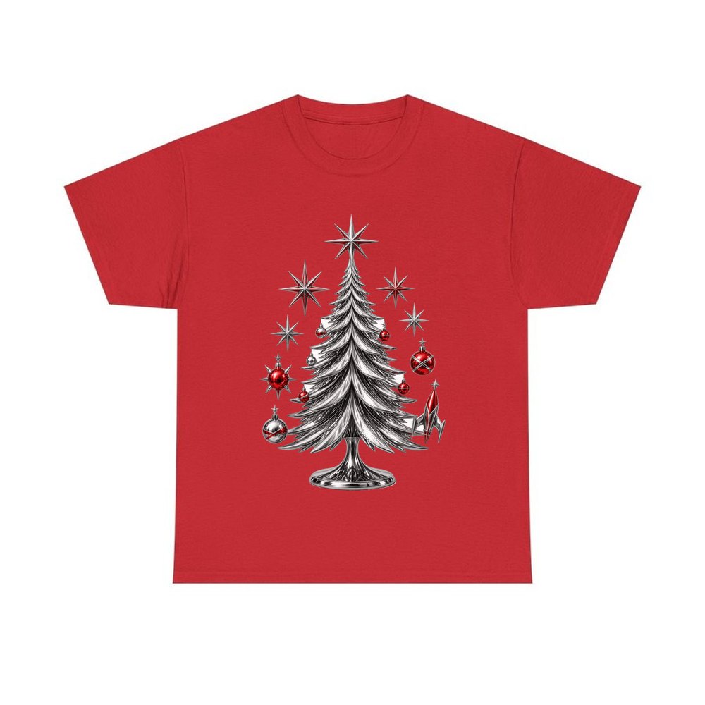 Midcentury Chrome Christmas Tree personalised Christmas T-shirt in red