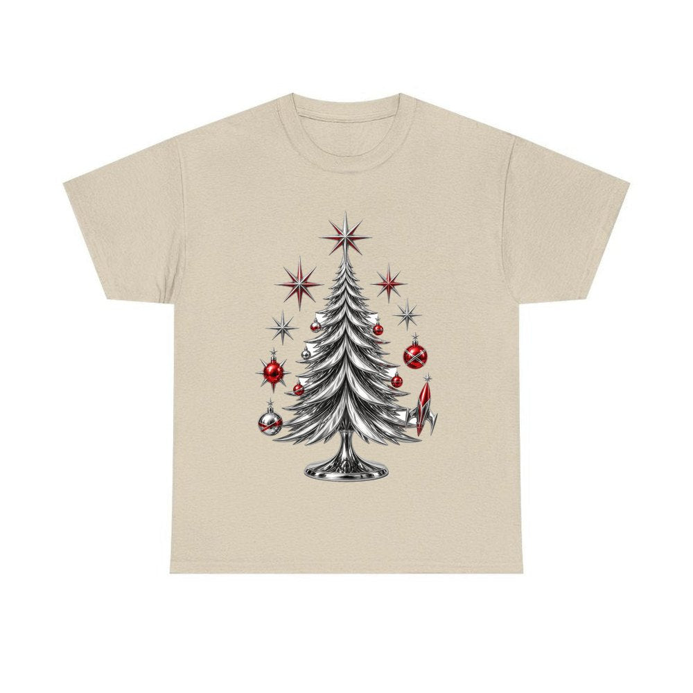 Midcentury Chrome Christmas Tree personalised Christmas T-shirt in sand