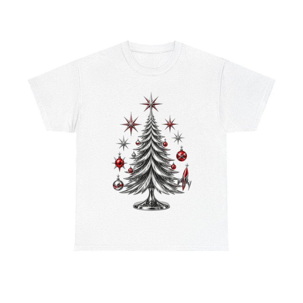 Midcentury Chrome Christmas Tree design on a white tee