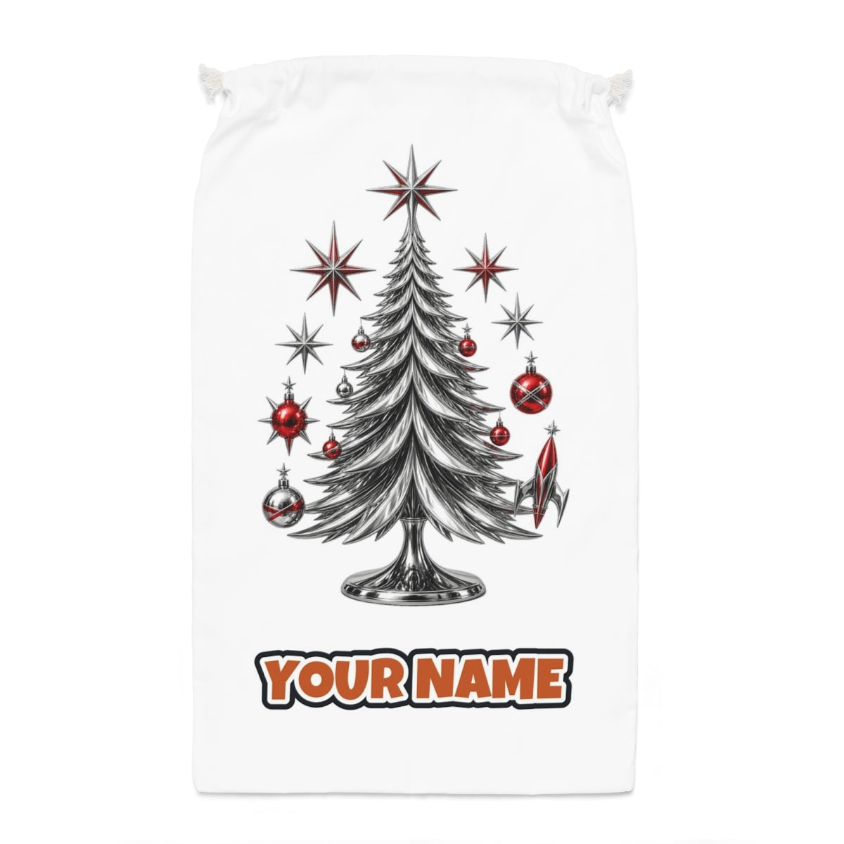 Midcentury Chrome Christmas Tree Santa sack laid flat, showing the full print