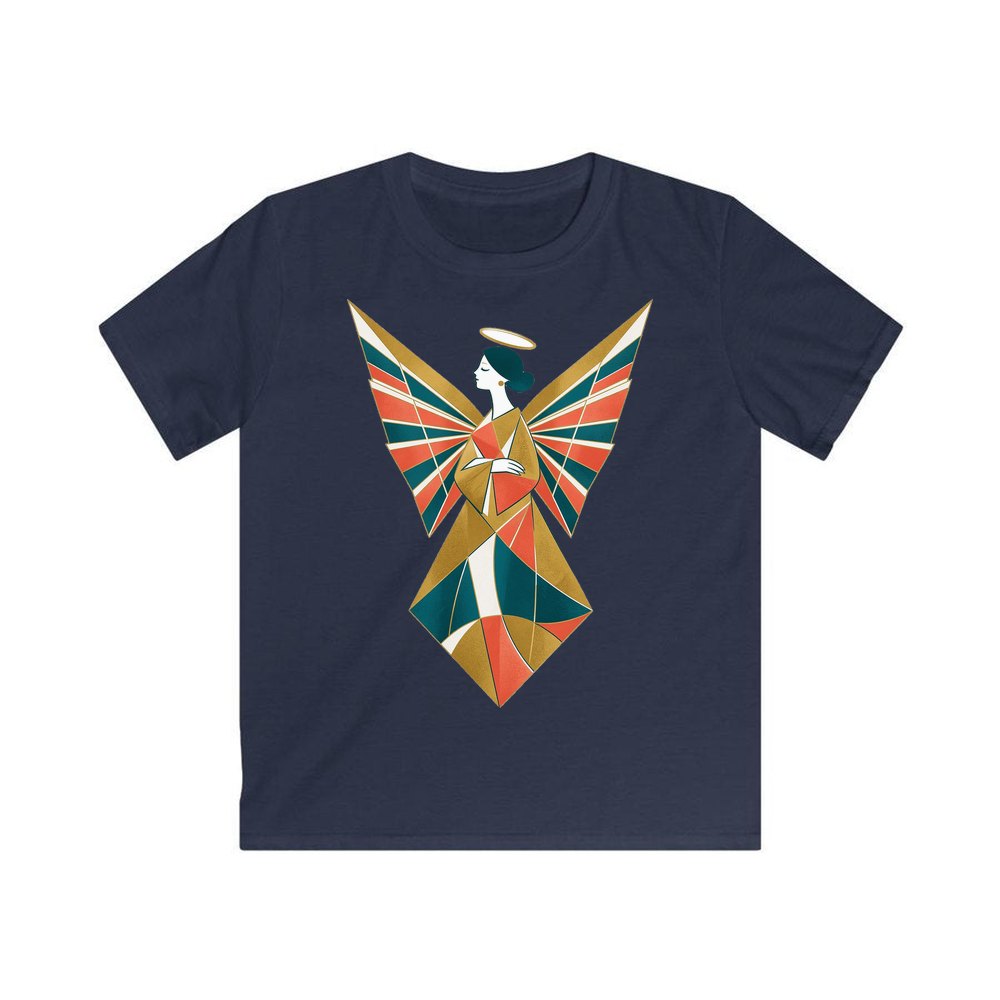 Midcentury Geometric Christmas Angel personalised kids Christmas tee in navy