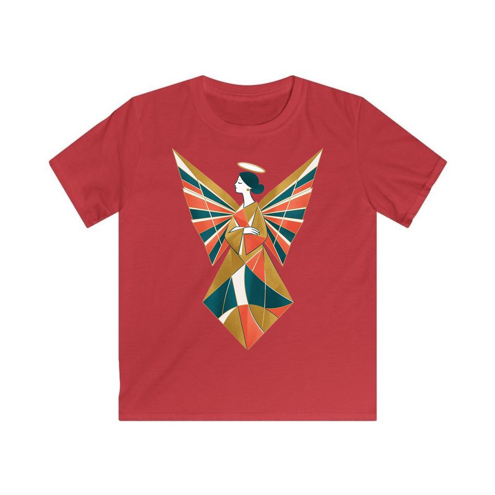 Midcentury Geometric Christmas Angel personalised kids Christmas tee in red