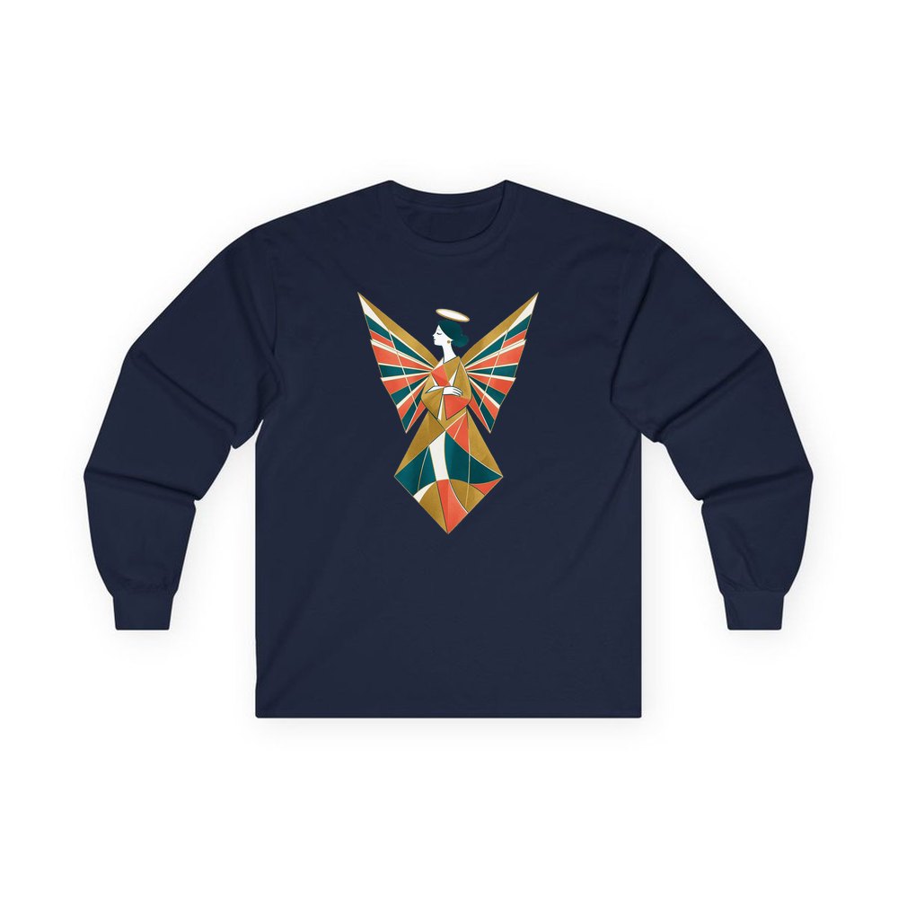 Midcentury Geometric Christmas Angel personalised long sleeve Christmas T-shirt in navy