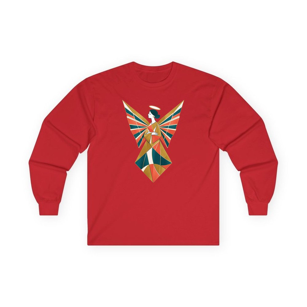 Midcentury Geometric Christmas Angel personalised long sleeve Christmas T-shirt in red