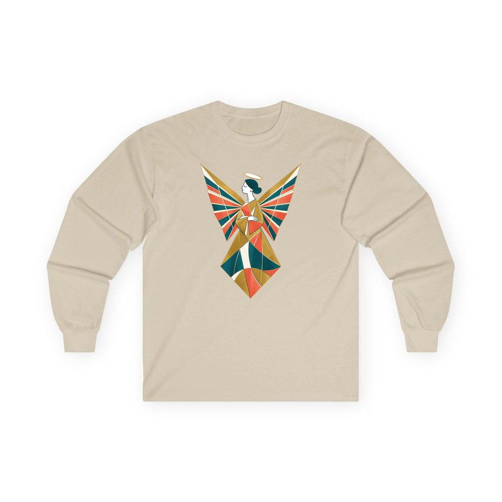 Midcentury Geometric Christmas Angel personalised long sleeve Christmas T-shirt in sand