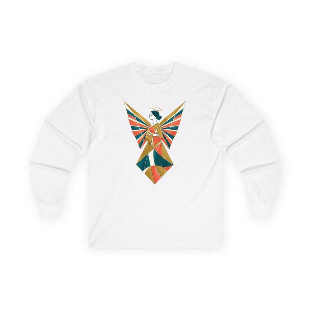 Midcentury Geometric Christmas Angel personalised long sleeve Christmas T-shirt in white