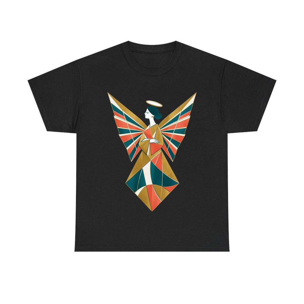 Midcentury Geometric Christmas Angel personalised Christmas T-shirt in black