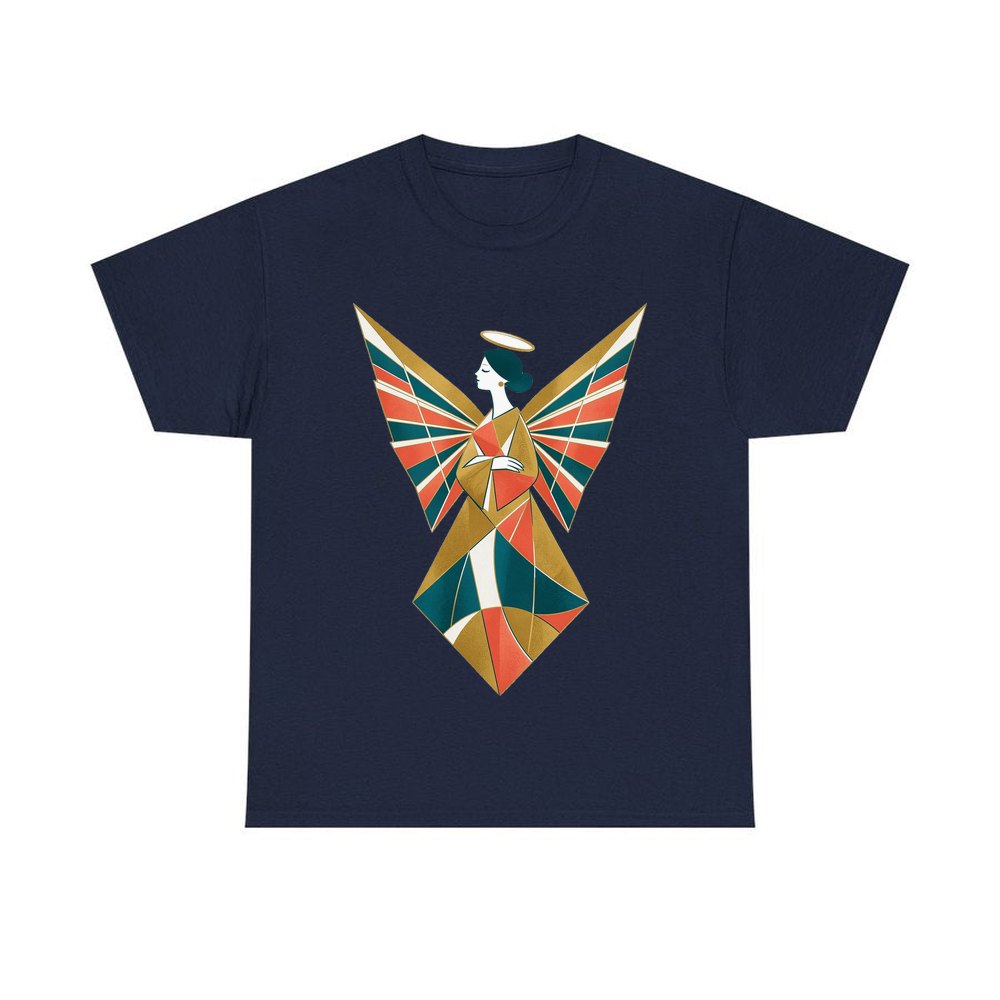 Midcentury Geometric Christmas Angel personalised Christmas T-shirt in navy