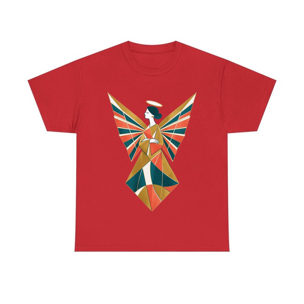 Midcentury Geometric Christmas Angel personalised Christmas T-shirt in red