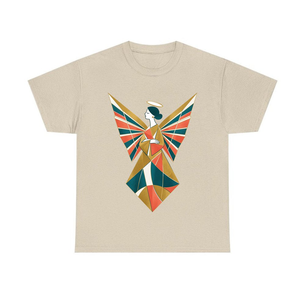 Midcentury Geometric Christmas Angel personalised Christmas T-shirt in sand