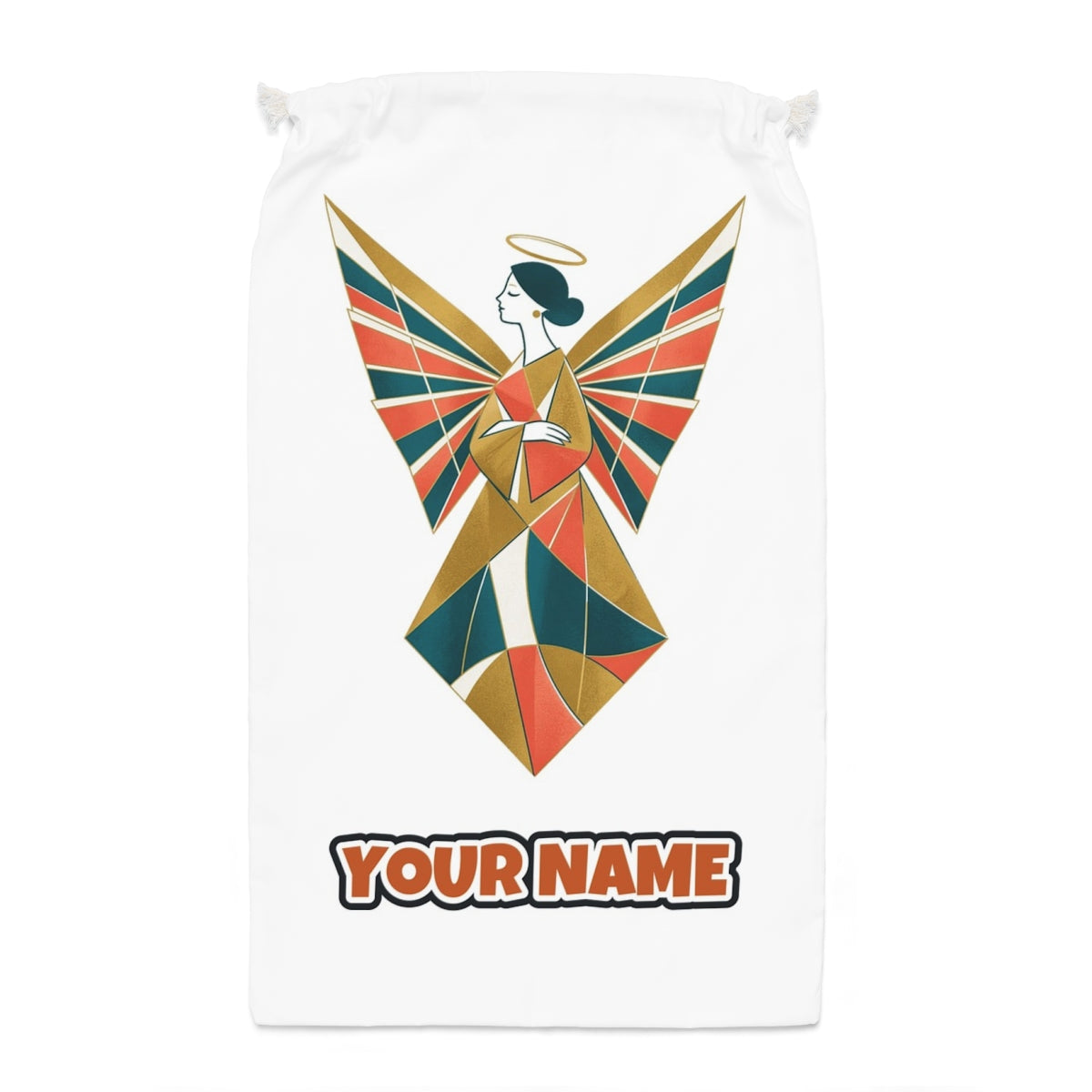Midcentury Geometric Christmas Angel Santa sack laid flat, showing the full print