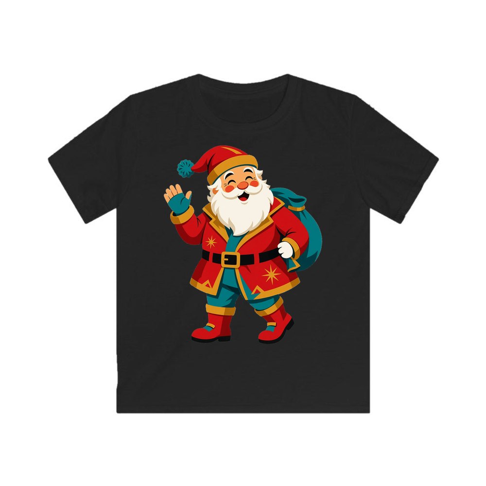 Midcentury Waving Santa personalised kids Christmas tee in black