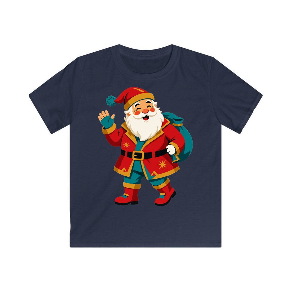 Midcentury Waving Santa personalised kids Christmas tee in navy