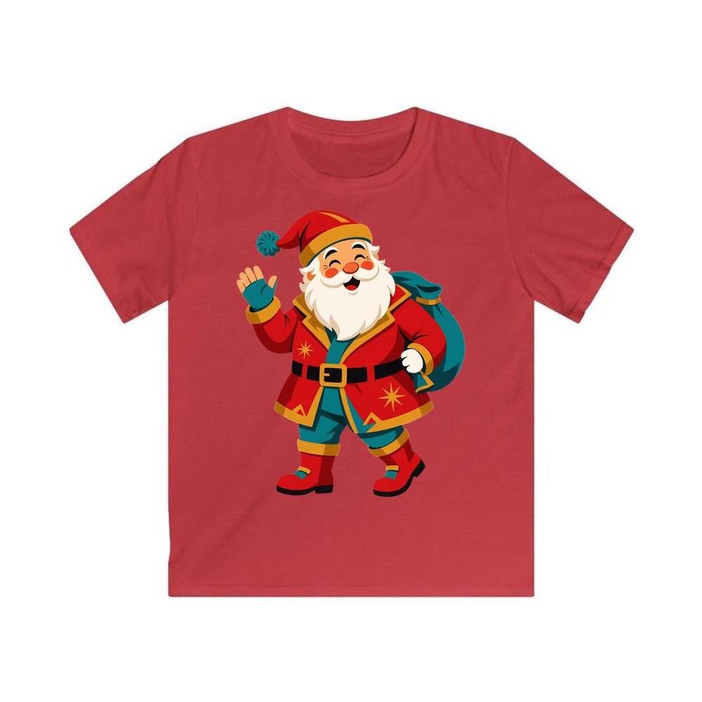 Midcentury Waving Santa personalised kids Christmas tee in red