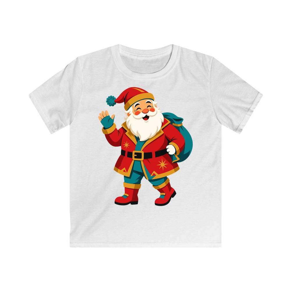 Midcentury Waving Santa personalised kids Christmas tee in white