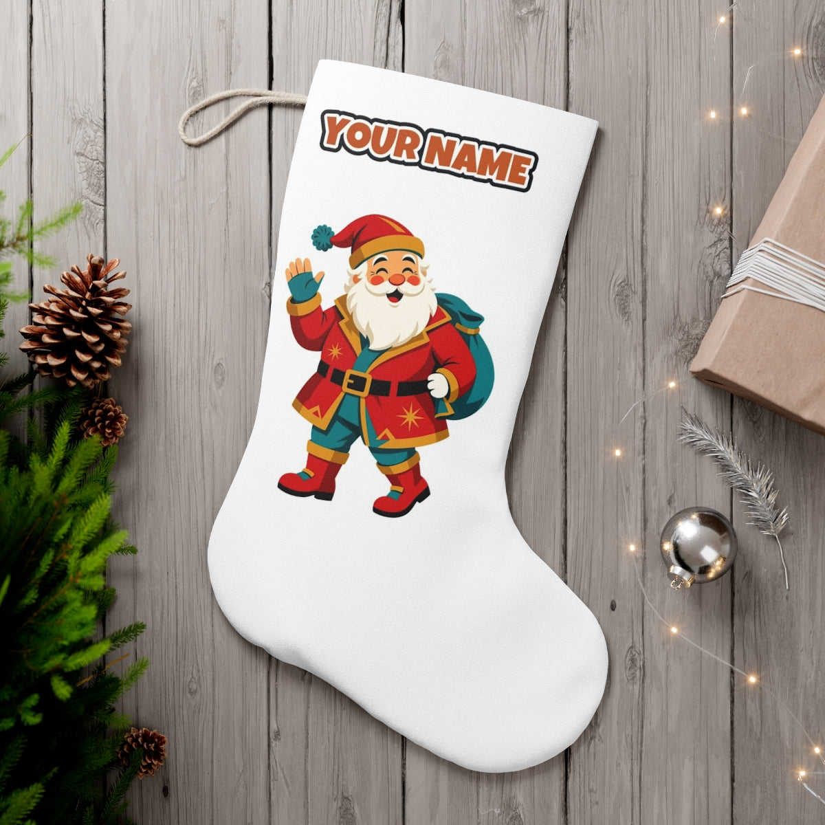 Midcentury Waving Santa personalised Christmas stocking, white, with the name across the top