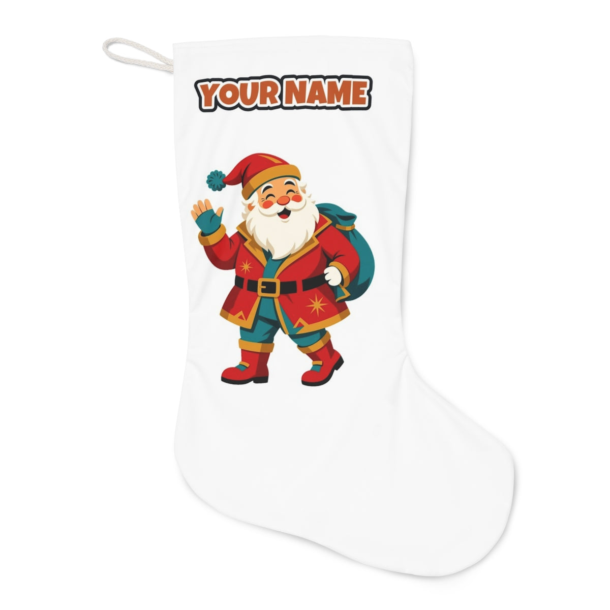 Midcentury Waving Santa Christmas stocking laid flat, showing the full print