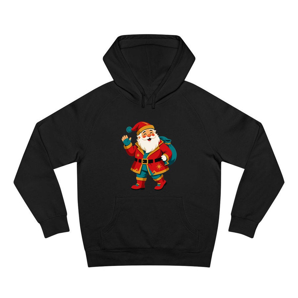 Midcentury Waving Santa personalised Christmas hoodie in black