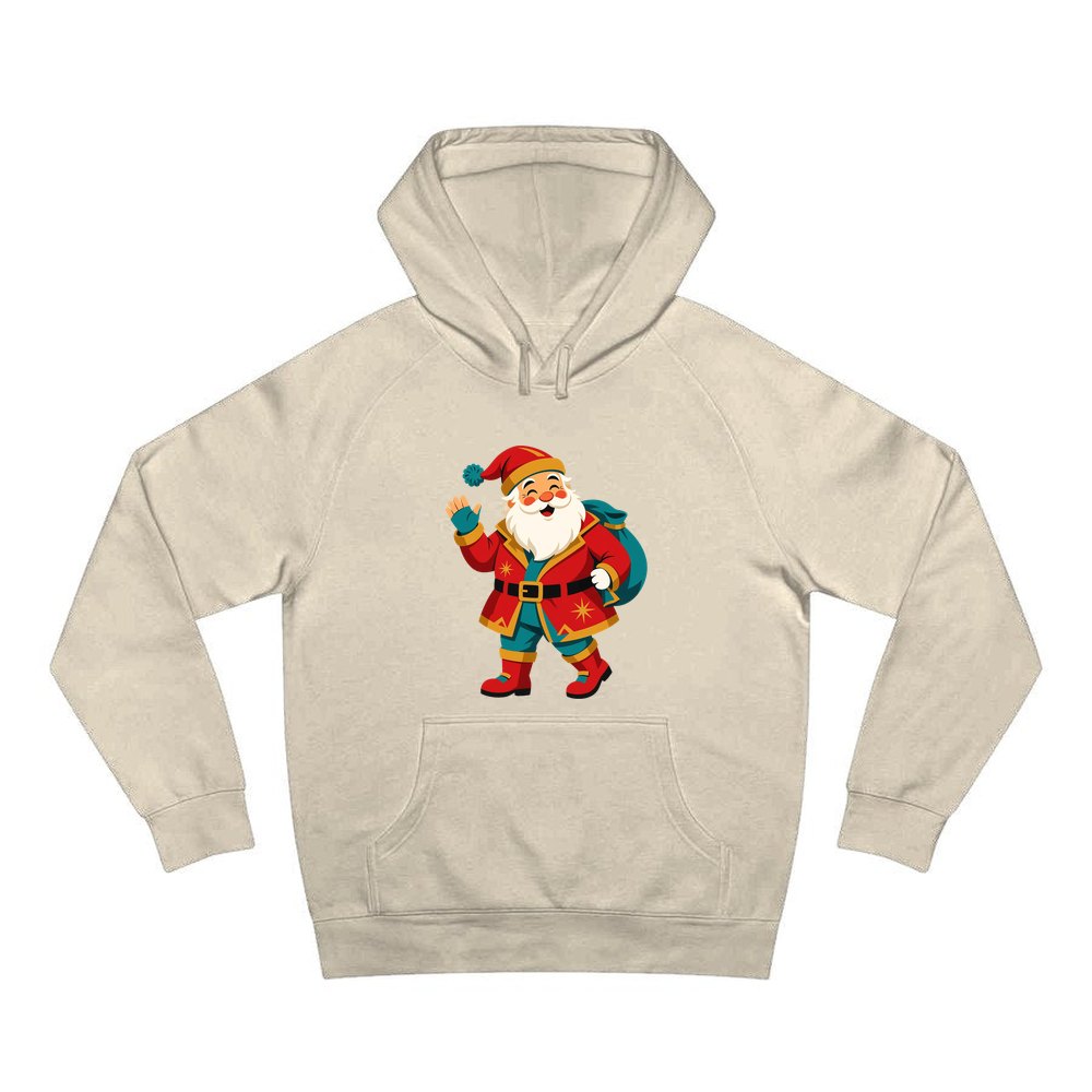 Midcentury Waving Santa personalised Christmas hoodie in sand