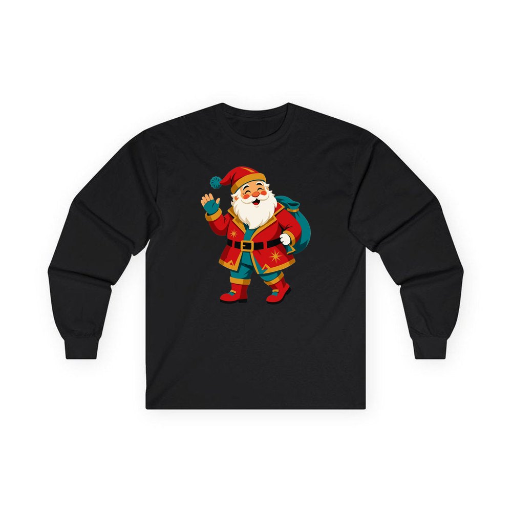 Midcentury Waving Santa personalised long sleeve Christmas T-shirt in black