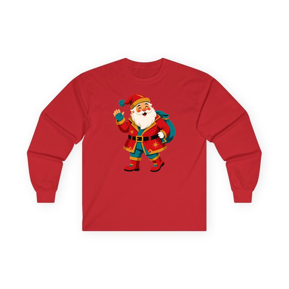 Midcentury Waving Santa personalised long sleeve Christmas T-shirt in red