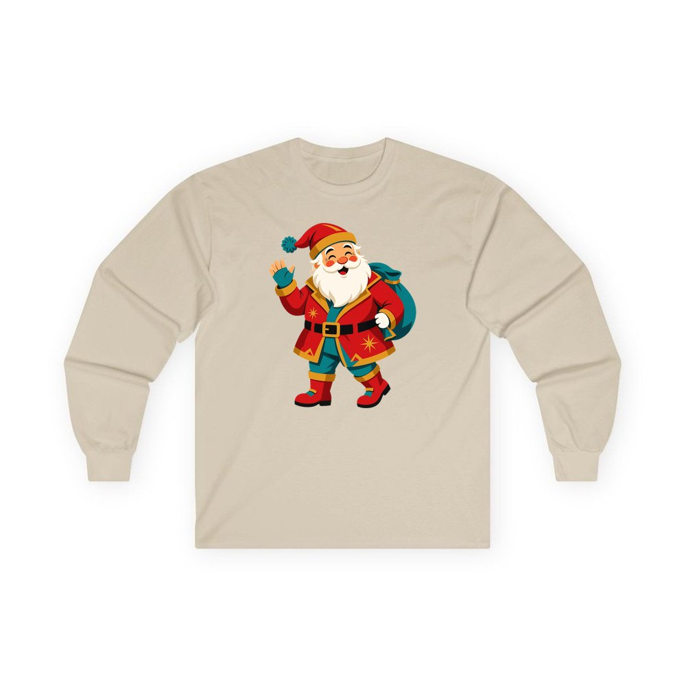 Midcentury Waving Santa personalised long sleeve Christmas T-shirt in sand