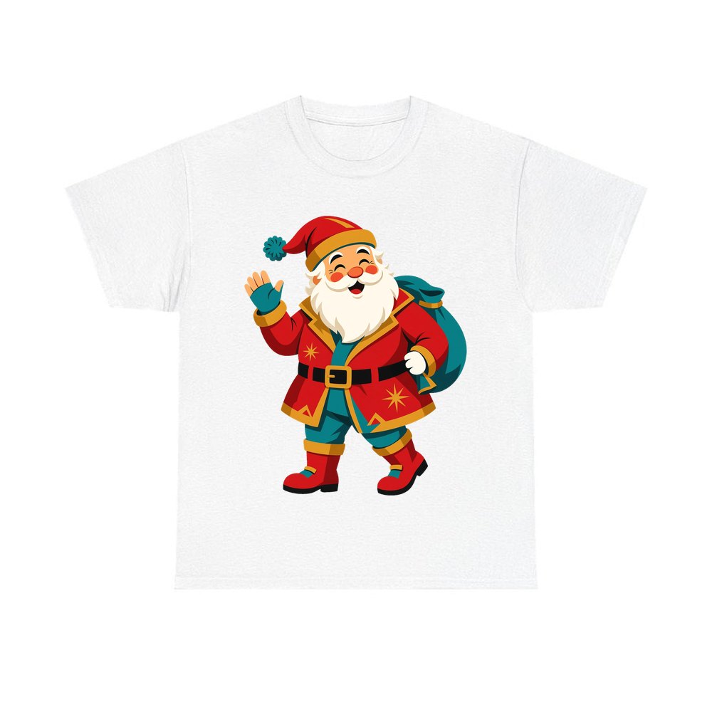 Midcentury Waving Santa personalised Christmas T-shirt in white