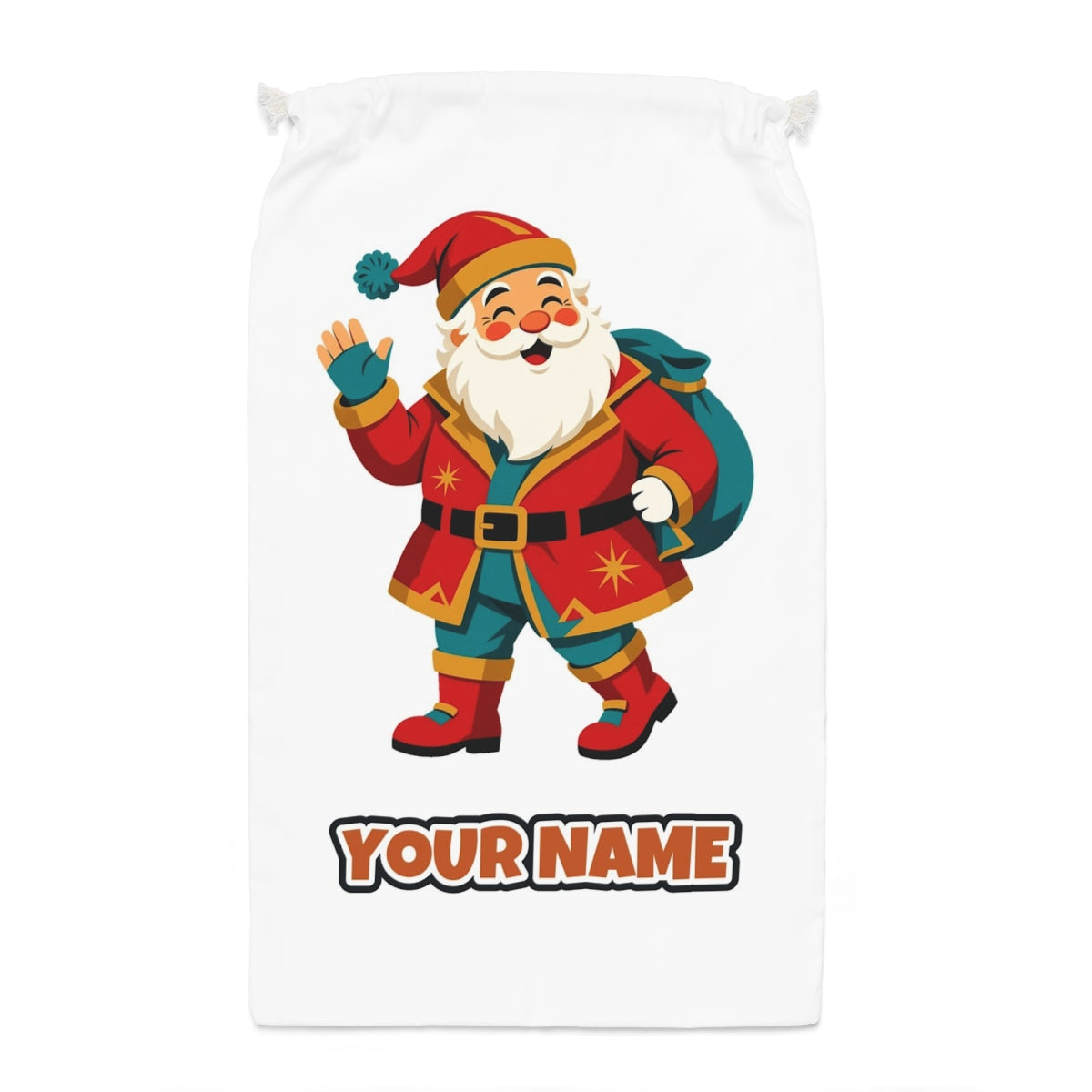 Midcentury Waving Santa Santa sack laid flat, showing the full print
