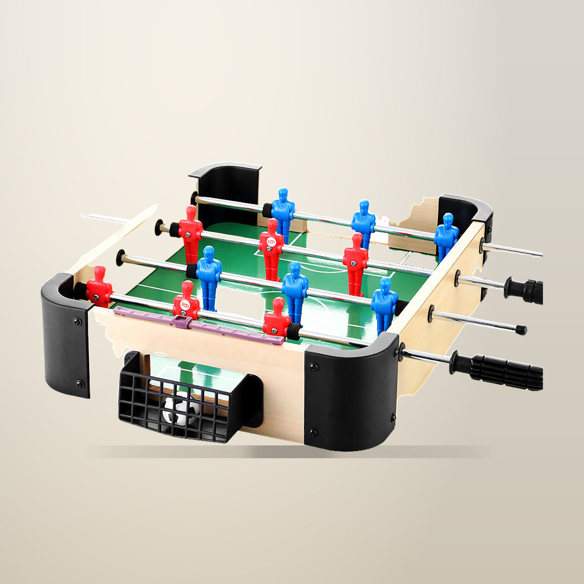 Mini Foosball Soccer Table, 41 x 32 x 9.5 cm, on a plain cream background