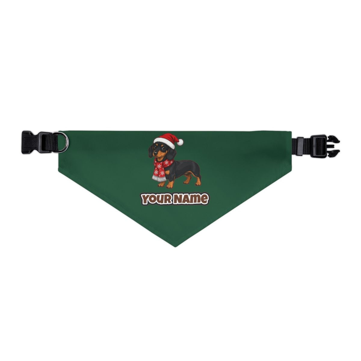 Miniature Dachshund personalised Christmas pet bandana in green, collar with buckle