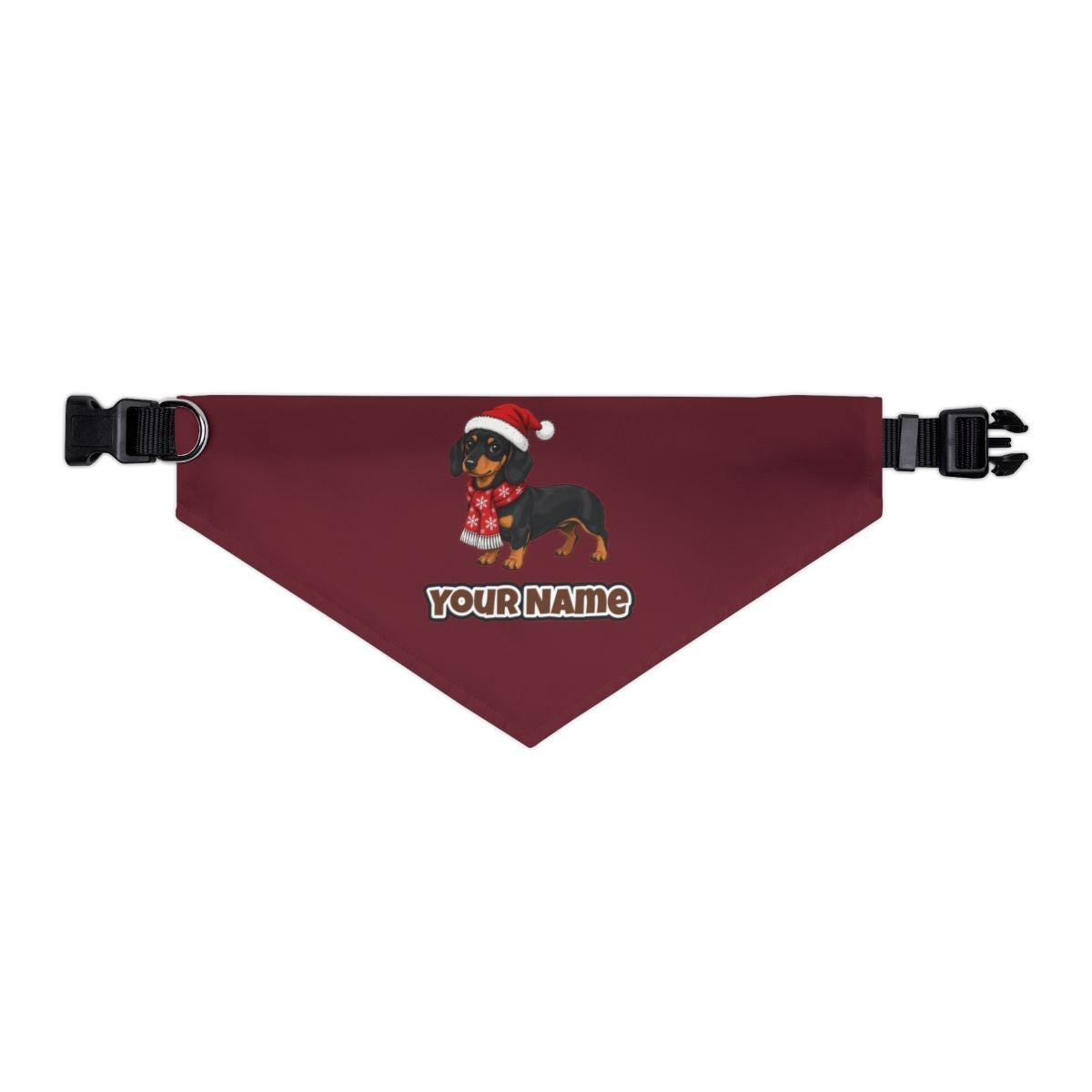 Miniature Dachshund personalised Christmas pet bandana in maroon, collar with buckle