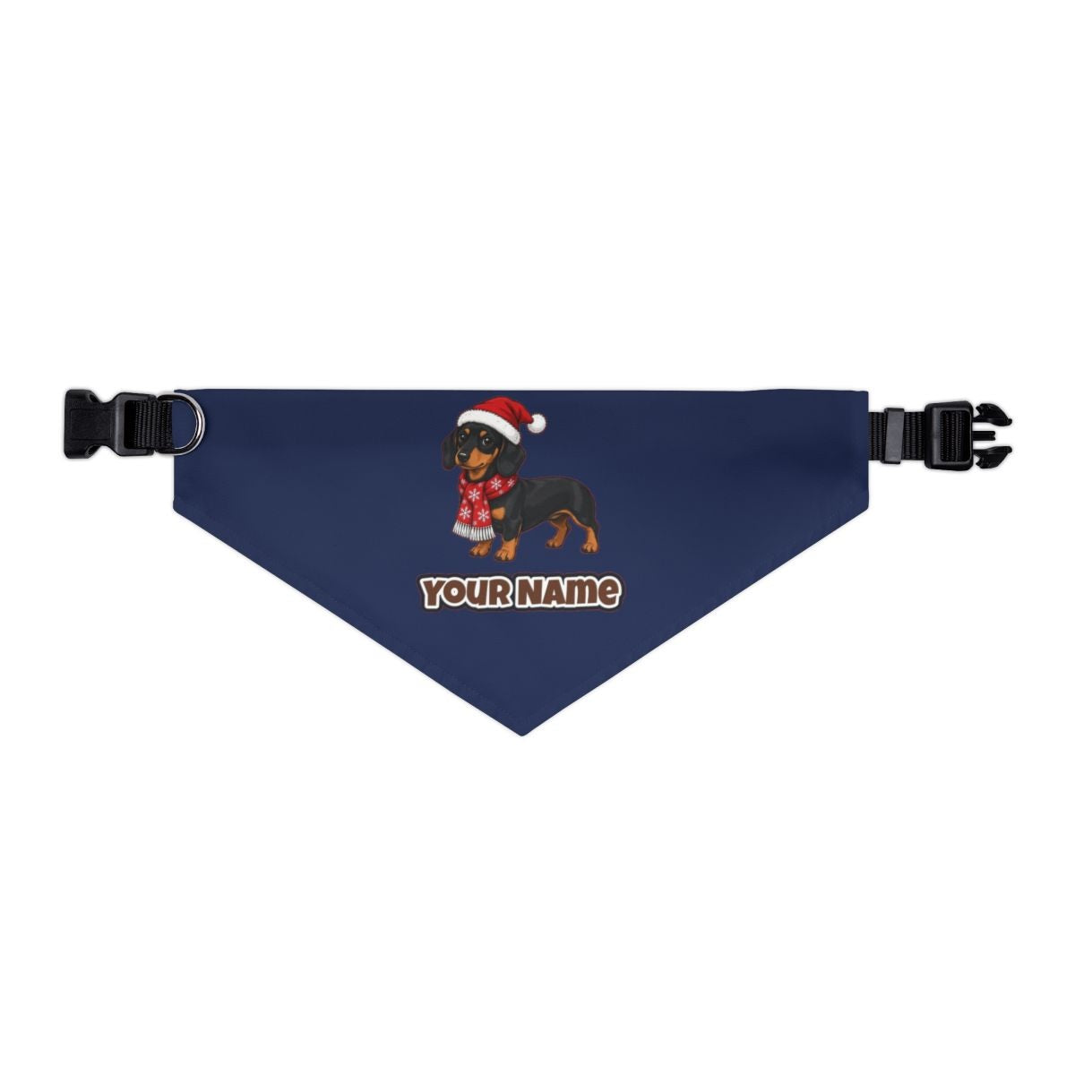 Miniature Dachshund personalised Christmas pet bandana in navy, collar with buckle