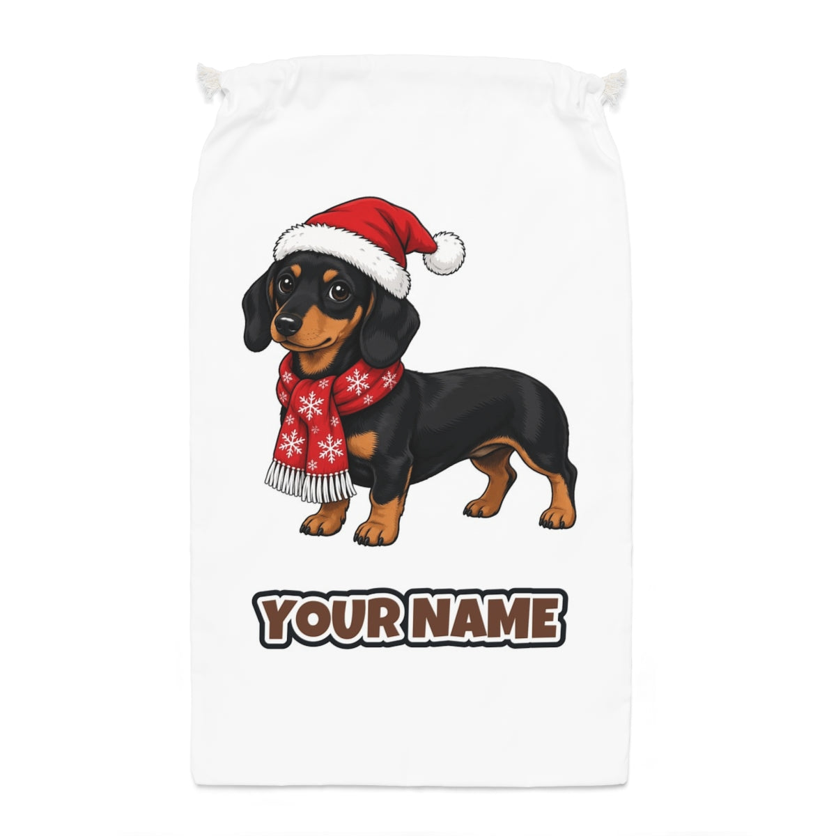 Miniature Dachshund Santa sack laid flat, showing the full print
