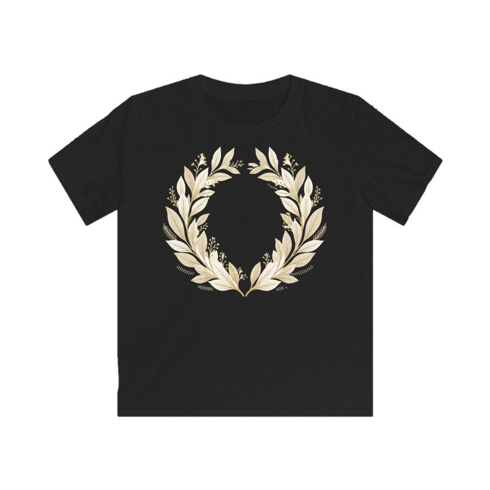 Minimal Gold Leaf Wreath personalised kids Christmas tee in black