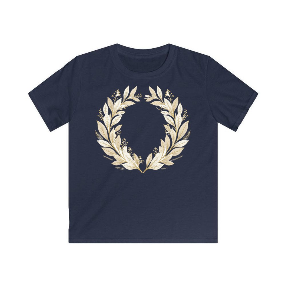 Minimal Gold Leaf Wreath personalised kids Christmas tee in navy