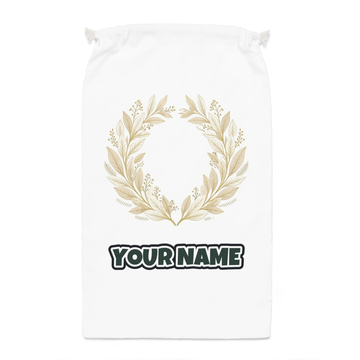 Minimal Gold Leaf Wreath Santa sack laid flat, showing the full print