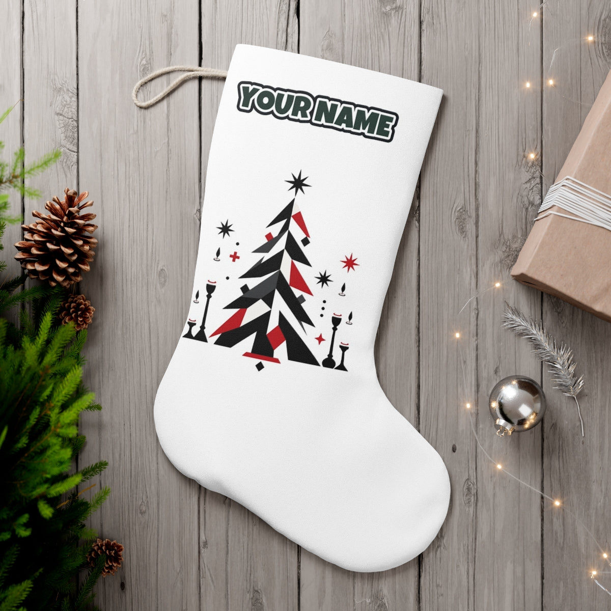 Minimalist Scandi Christmas Tree personalised Christmas stocking, white, with the name across the top