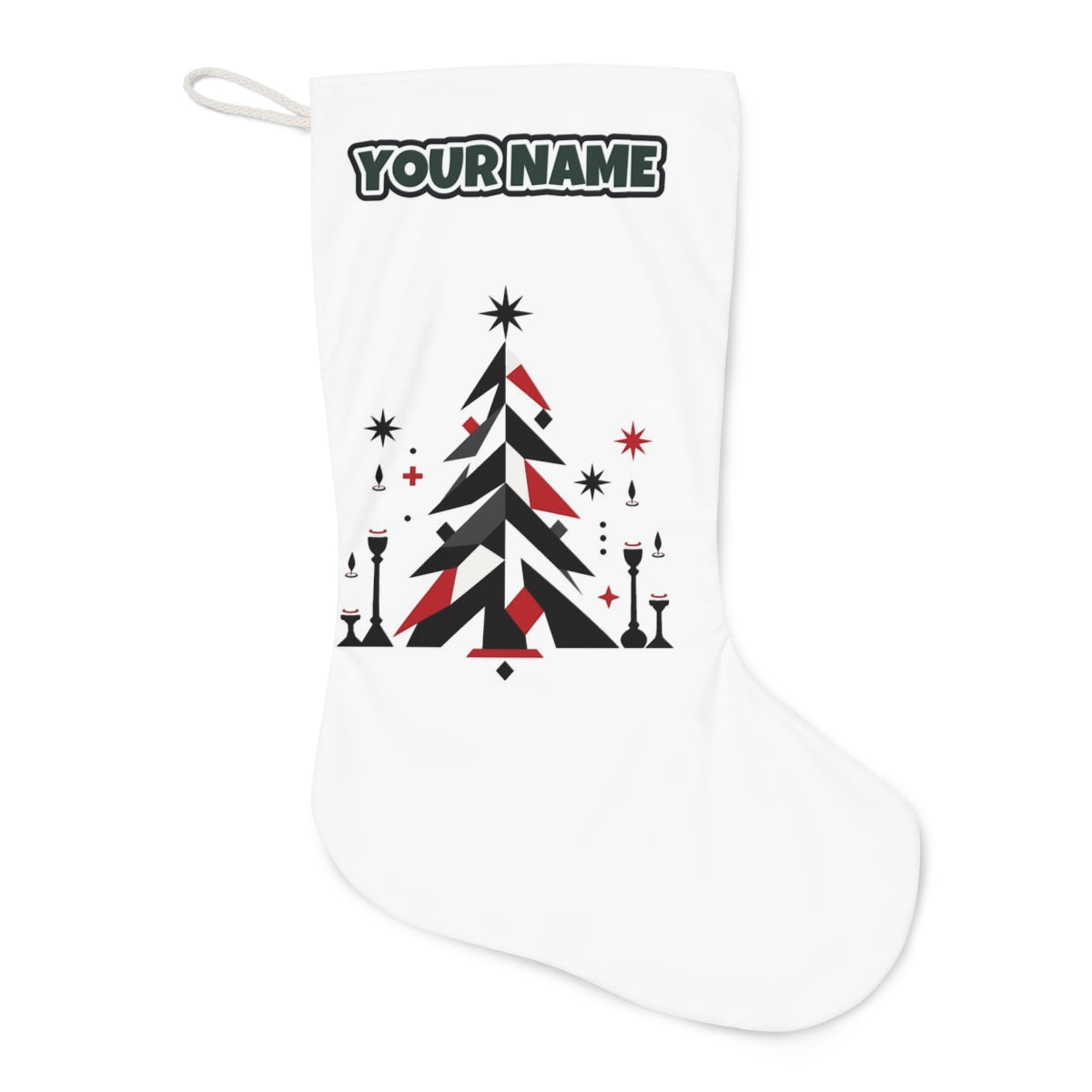 Minimalist Scandi Christmas Tree Christmas stocking laid flat, showing the full print