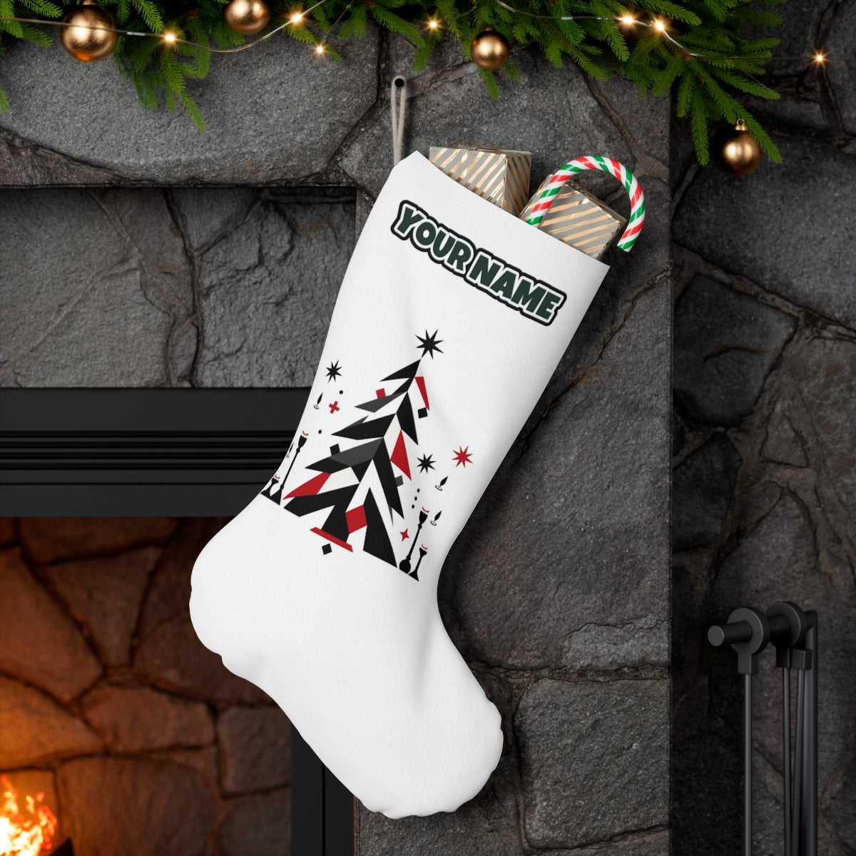 Minimalist Scandi Christmas Tree personalised Christmas stocking hanging on a mantel